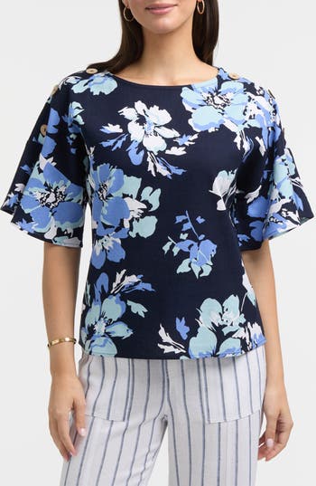 Ellen Tracy Round Neck Button Detail Linen Blend Top