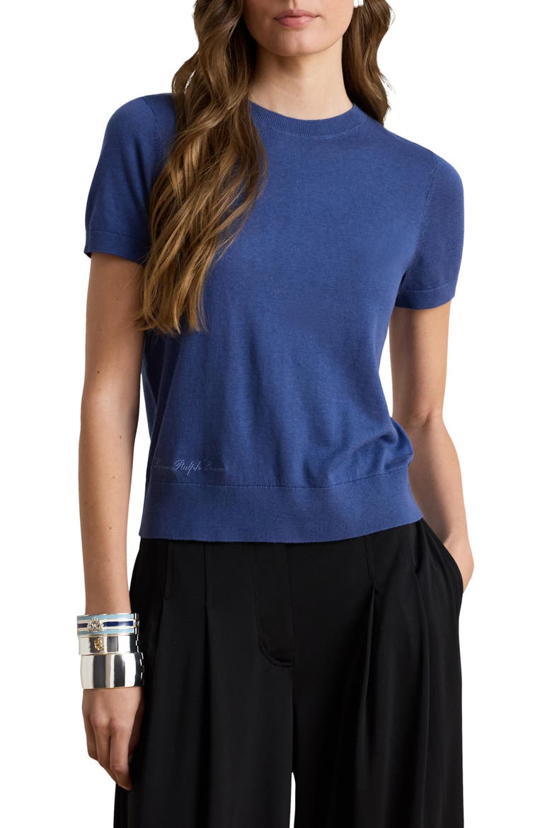 Short Sleeve Cotton Blend Sweater, Main, color, INKY BLUE
