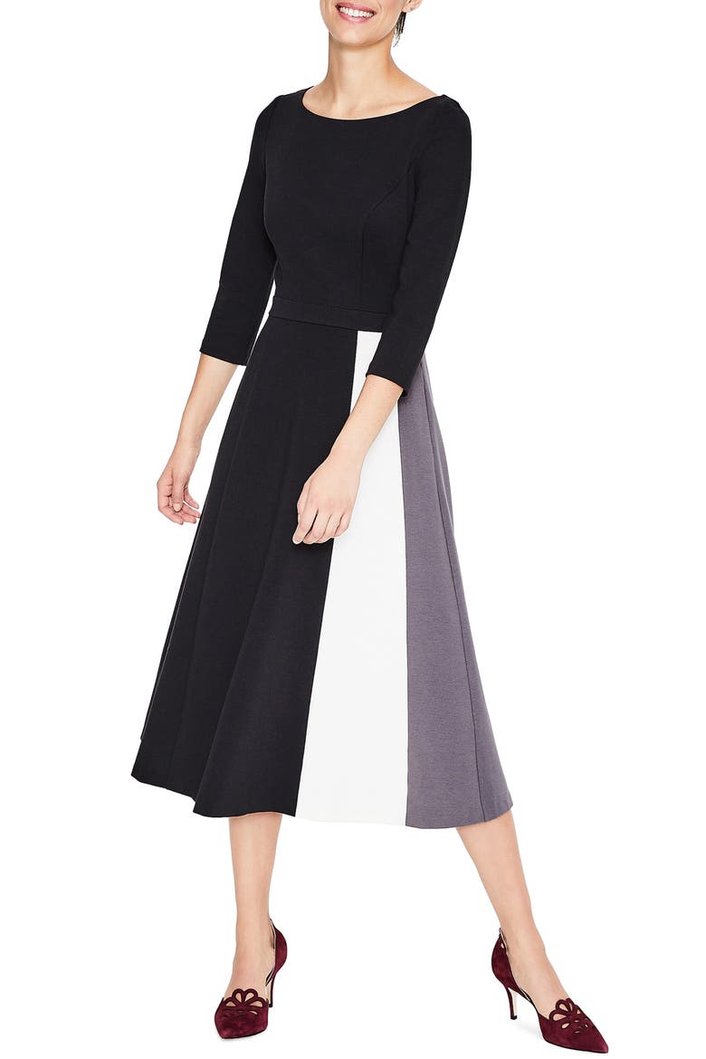 Claudia Colorblock Ponte Midi Dress, Main, color, BLACK