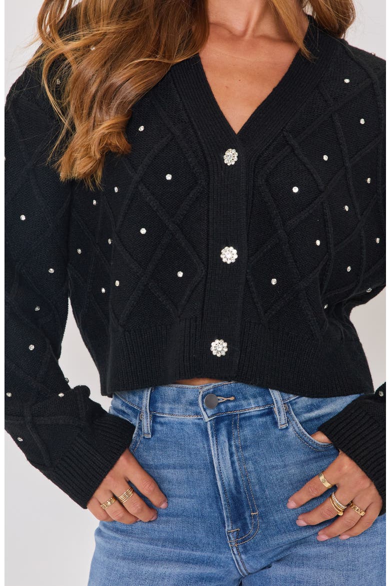 Holiday Shine Rhinestone Diamond Stitch Cardigan, Alternate, color, BLACK