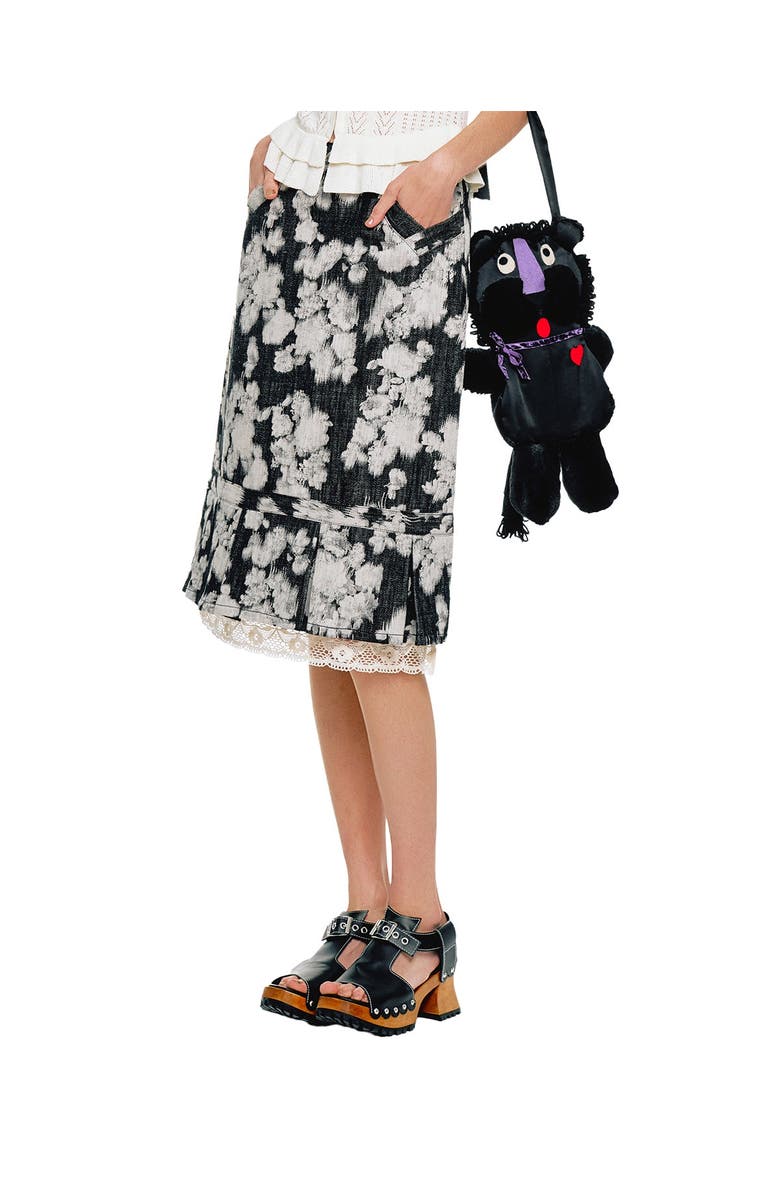 Anna Sui Rose Illusion Denim Lace Trimmed Skirt, Alternate, color, Black