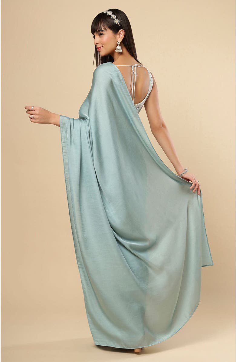One Minute Saree<sup>®</sup> Meriel Silver Turquoise Crepe Satin Ready to Wear Saree, Alternate, color,