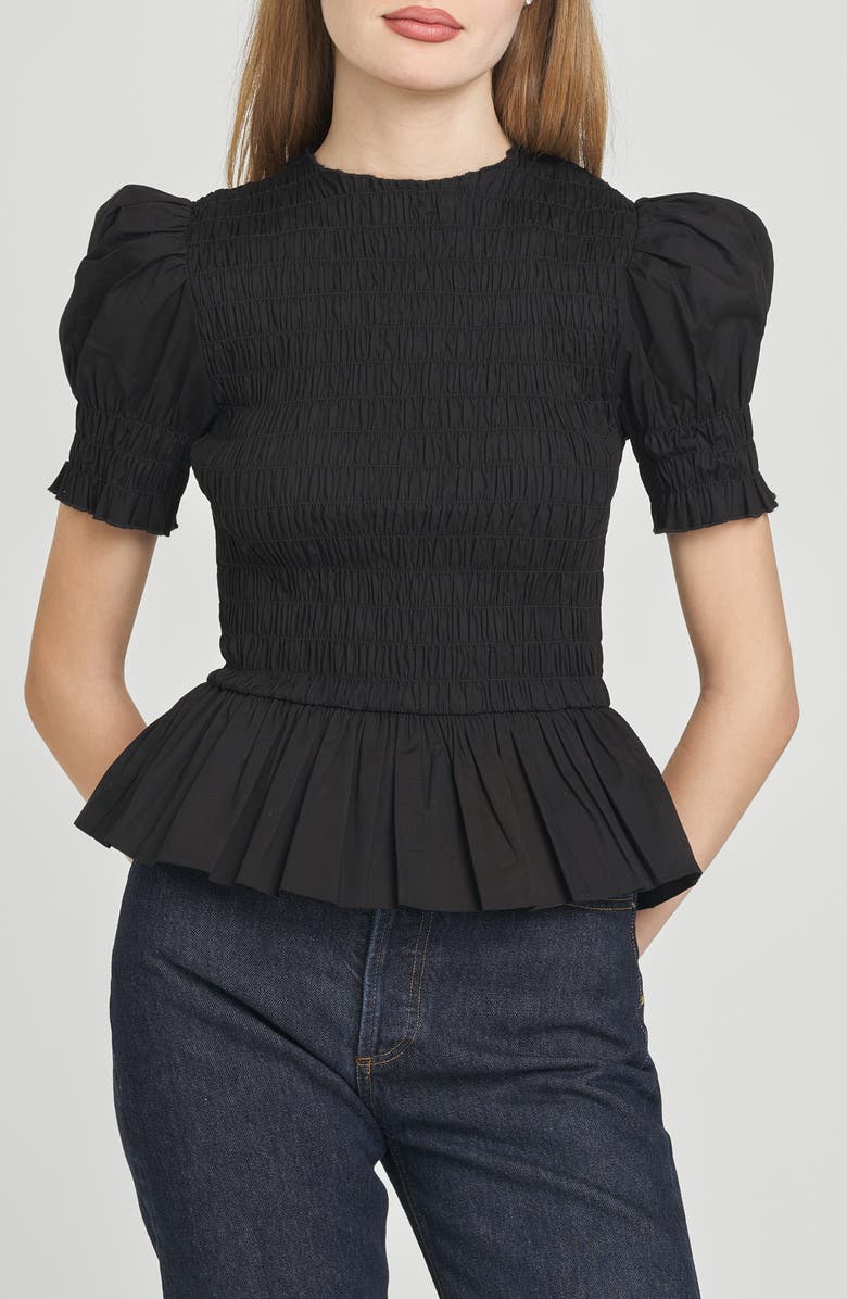 WAYF Matilda Smocked Peplum Top, Alternate, color, Black