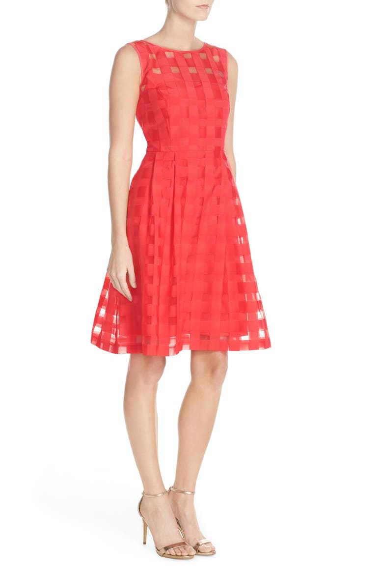 Windowpane Check Fit & Flare Dress, Alternate, color, CORAL