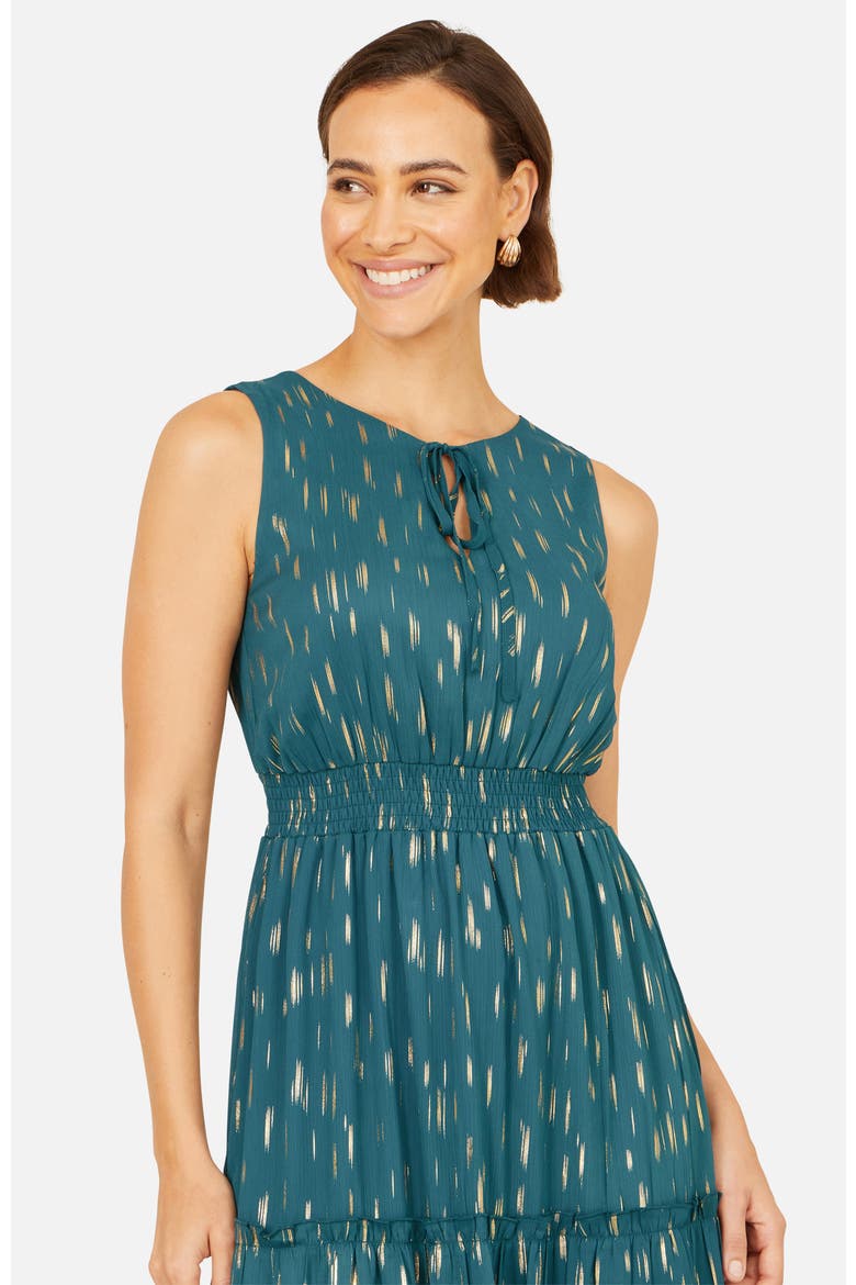 Foil Print Ruched Waist Midi Dress, Alternate, color, Teal
