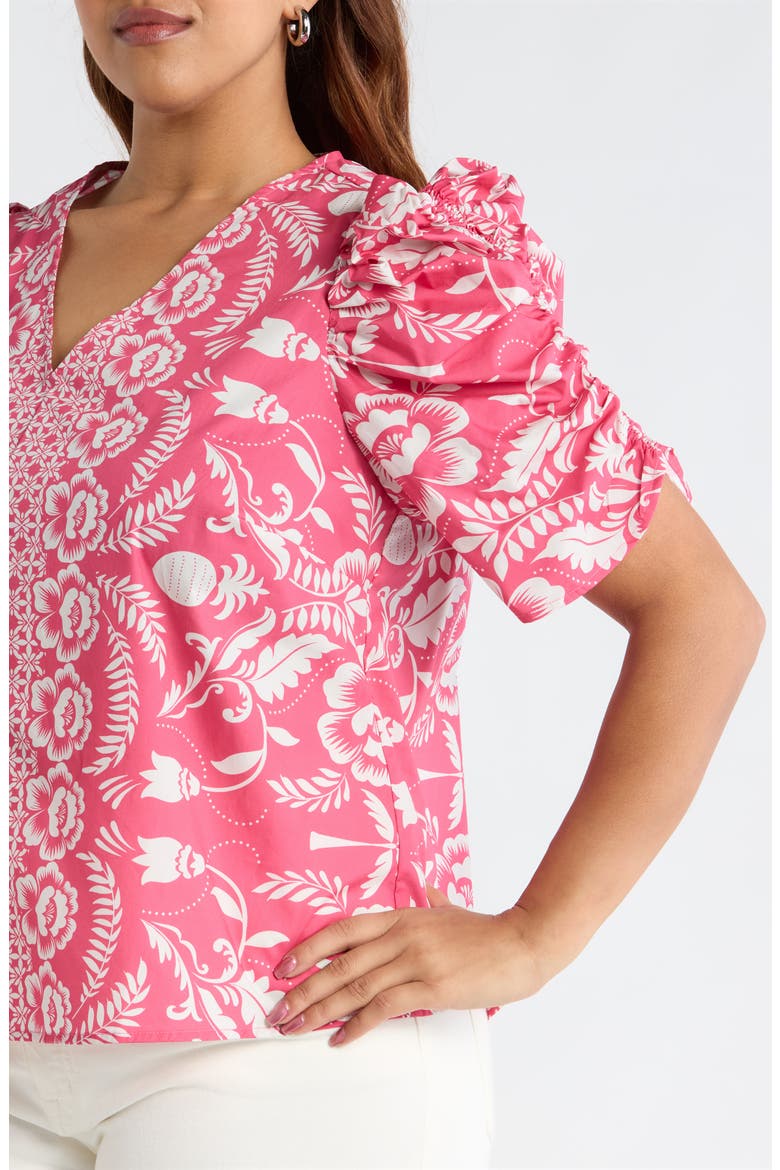 Rania Floral Chancellor Ruched Sleeve Cotton Top, Alternate, color, PINK-WHITE