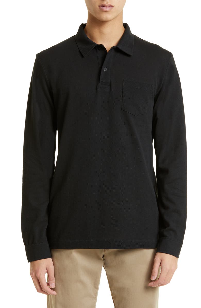 Sunspel Riviera Long Sleeve Cotton Piqué Polo, Main, color, Black