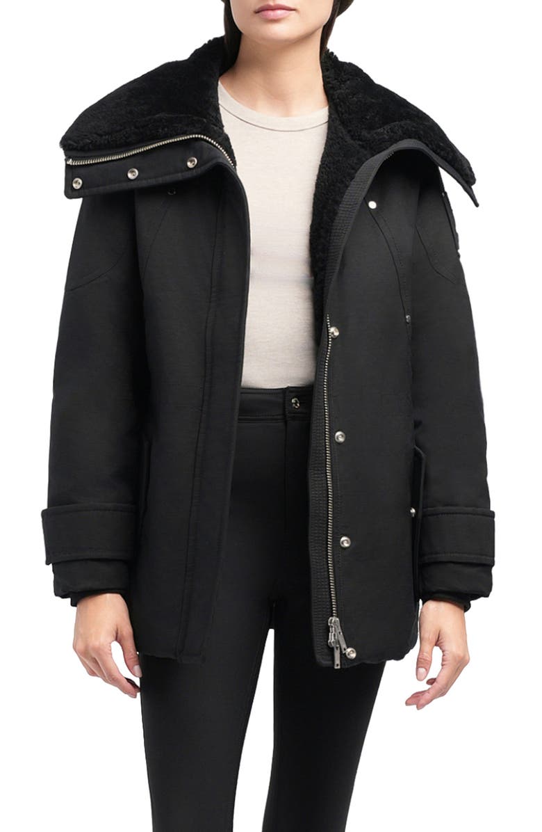 Moose Knuckles Aurora Water Repellent Genuine Shearling Lined 800 Fill Power Down Jacket, Main, color, Black W/ Black Shearling