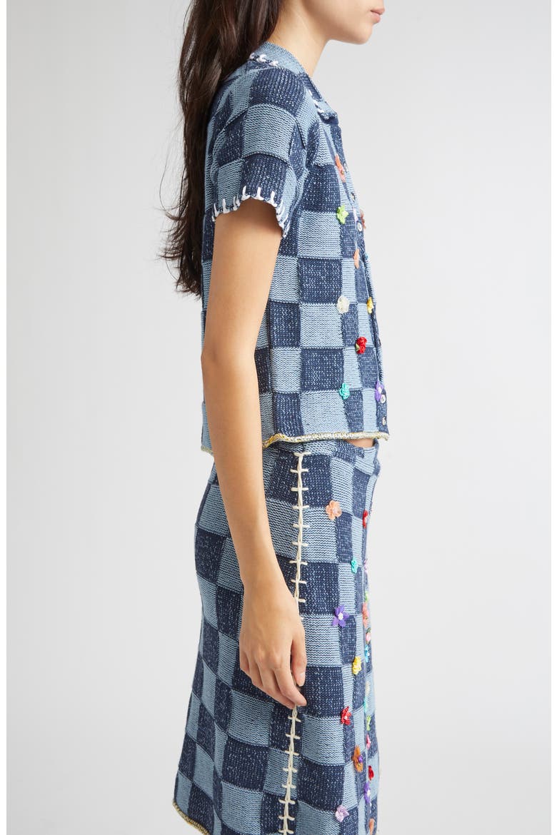 Floral Ribbon Checkerboard Cardigan, Alternate, color, DENIM