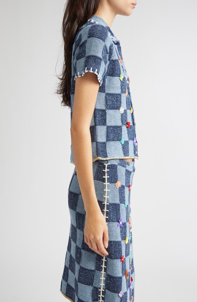 YanYan Floral Ribbon Checkerboard Cardigan, Alternate, color, Denim