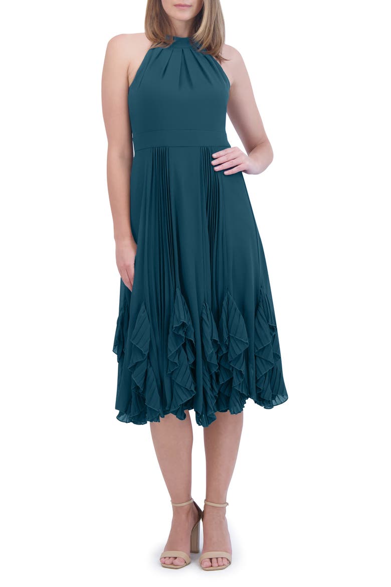 Ruffle Pleat Halter Neck Cocktail Dress, Main, color, TEAL