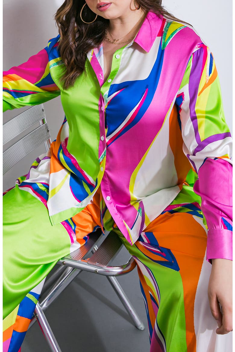 Print Woven Satin Button-Up Shirt, Alternate, color, PINK GREEN