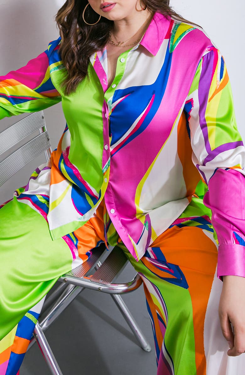 FLYING TOMATO Print Woven Satin Button-Up Shirt, Alternate, color, Pink Green