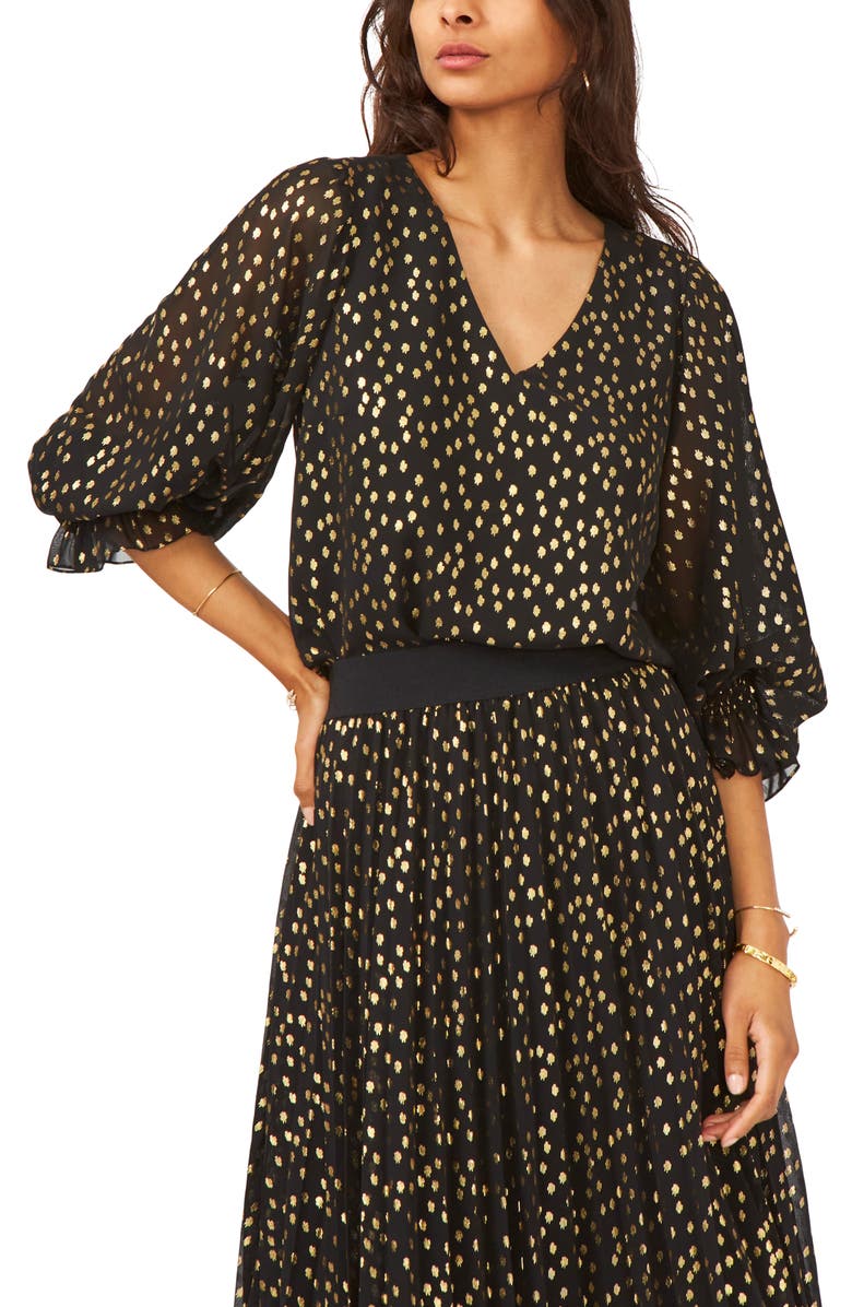Vince Camuto Smocked Cuff Foil Dot Blouse, Main, color,