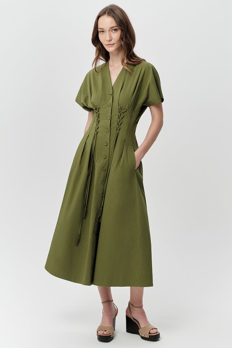 Andree V Neck Tie Waist Pocket Midi Dress, Main, color, Khaki