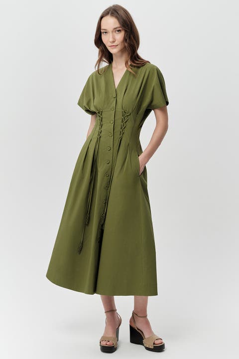 Andree V Neck Tie Waist Pocket Midi Dress