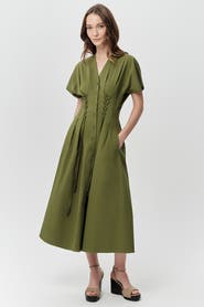 Exquise Andree V Neck Tie Waist Pocket Midi Dress