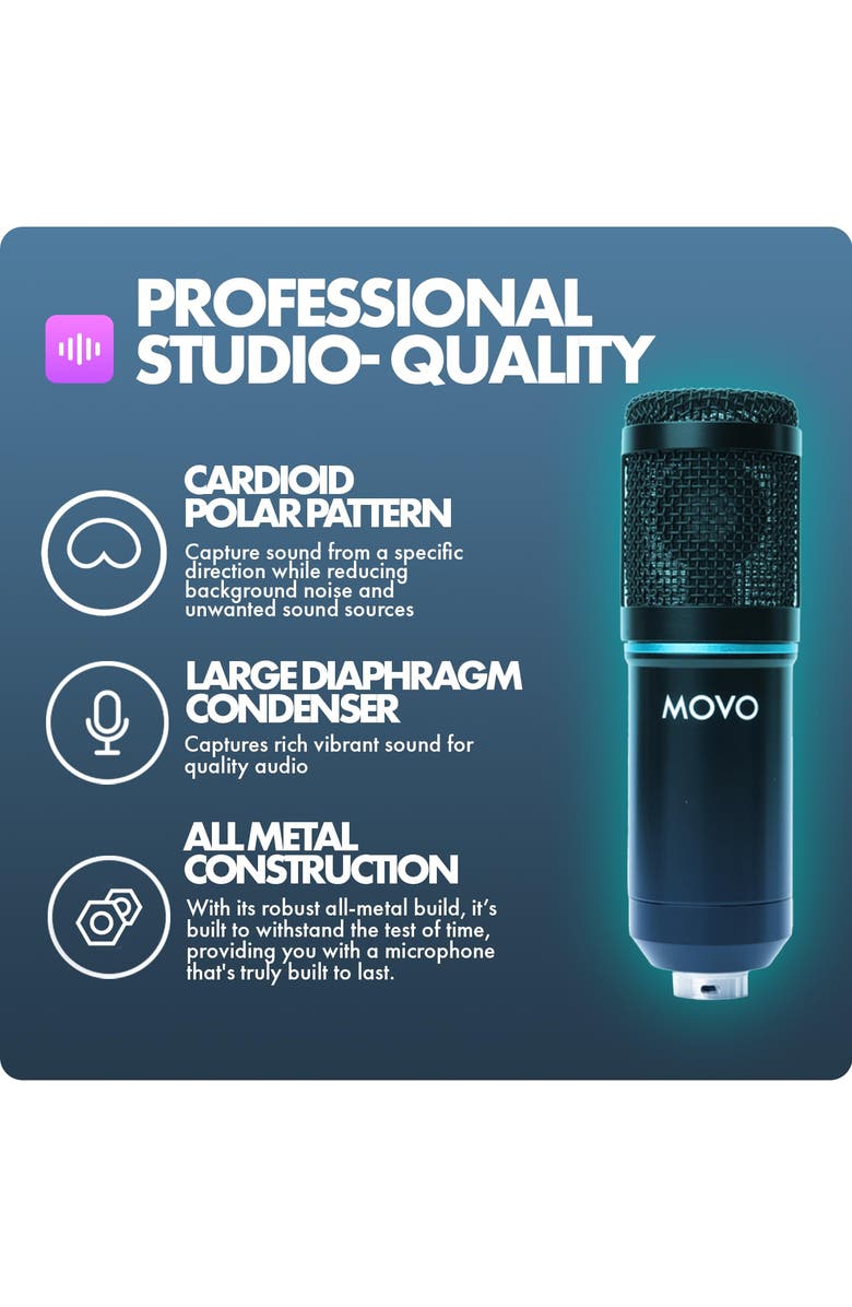 MOVO 2-Pack Universal Cardioid Podcasting Microphone Bundle with Tabletop Mic Stand and Pop Filter for XLR Outputs, Alternate, color, Black
