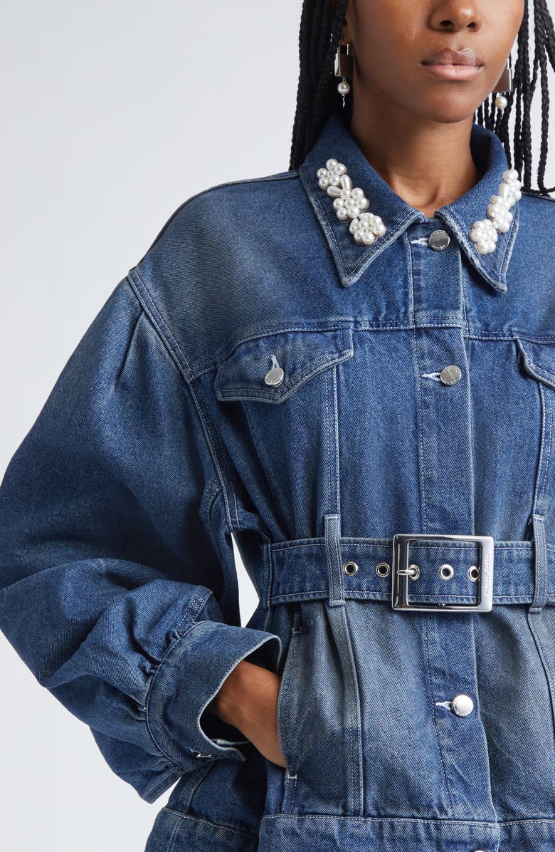 Simone Rocha Faux Pearl Detail Belted Denim Jacket, Alternate, color, Distressed Blue/ Pearl
