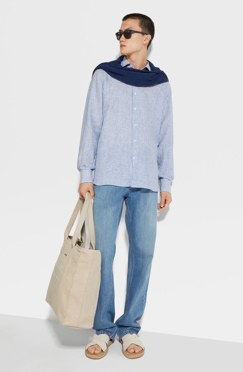 ZEGNA Stripe Oasi Linen Button-Up Shirt, Alternate, color, Dark Blue