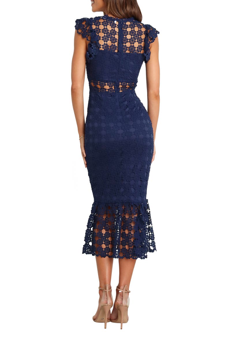 navy blue lace overlay dress Navy Baroque Lace Overlay Party Dress Classy V-Neck Sequin Lace Sleeve Bridesmaid Party A-line
