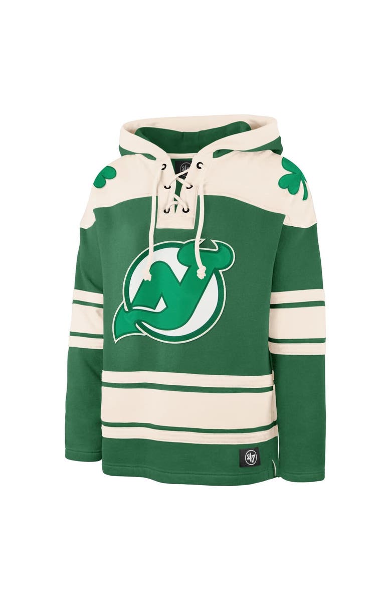 '47 Men's '47 Jack Hughes Kelly Green New Jersey Devils St. Patrick's Day Player Name & Number Lacer Pullover Hoodie, Alternate, color, Kelly Green