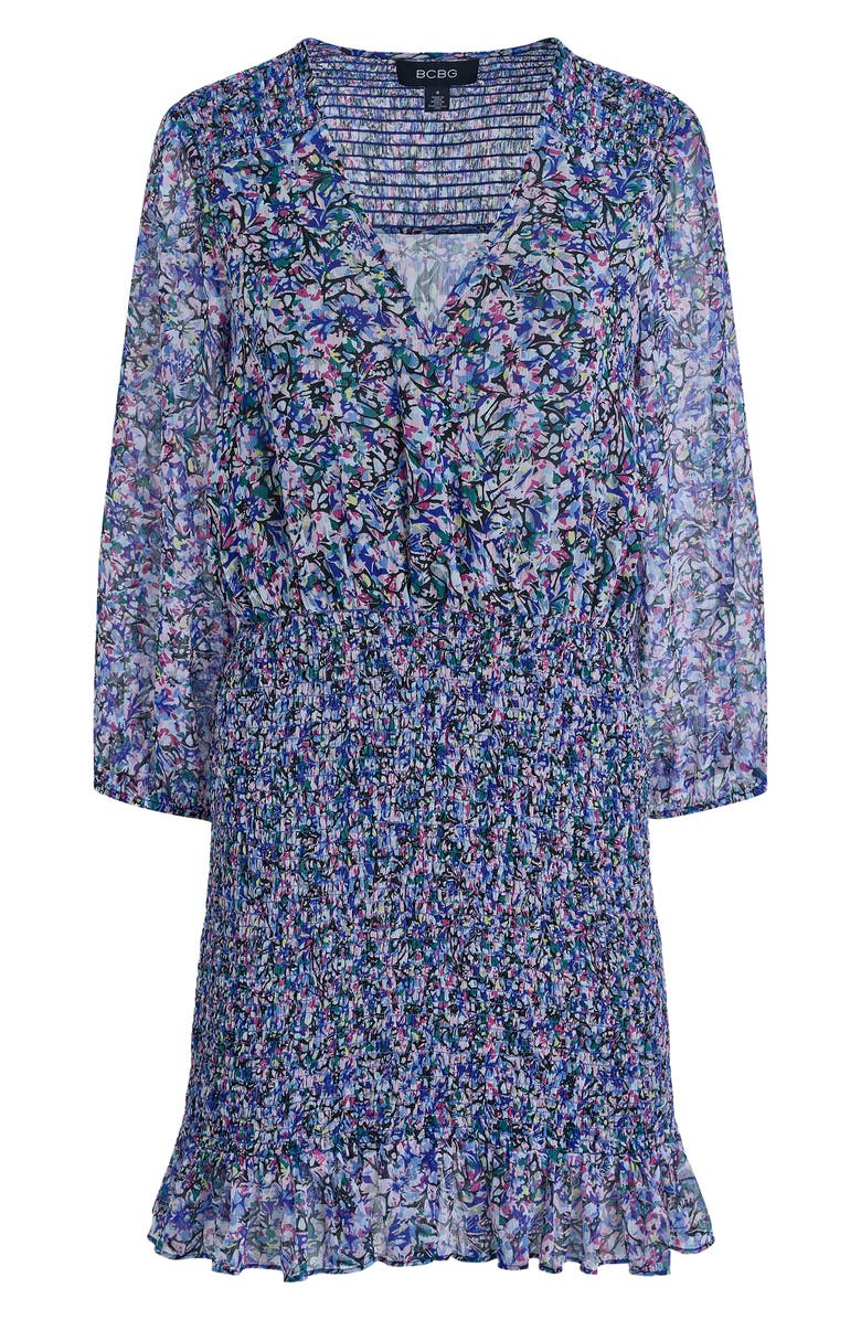 BCBG Floral Smocked Chiffon Minidress, Alternate, color, Blue Multi