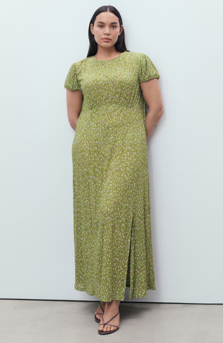 MANGO Floral Puff Sleeve Pleated Maxi Dress, Alternate, color, Green