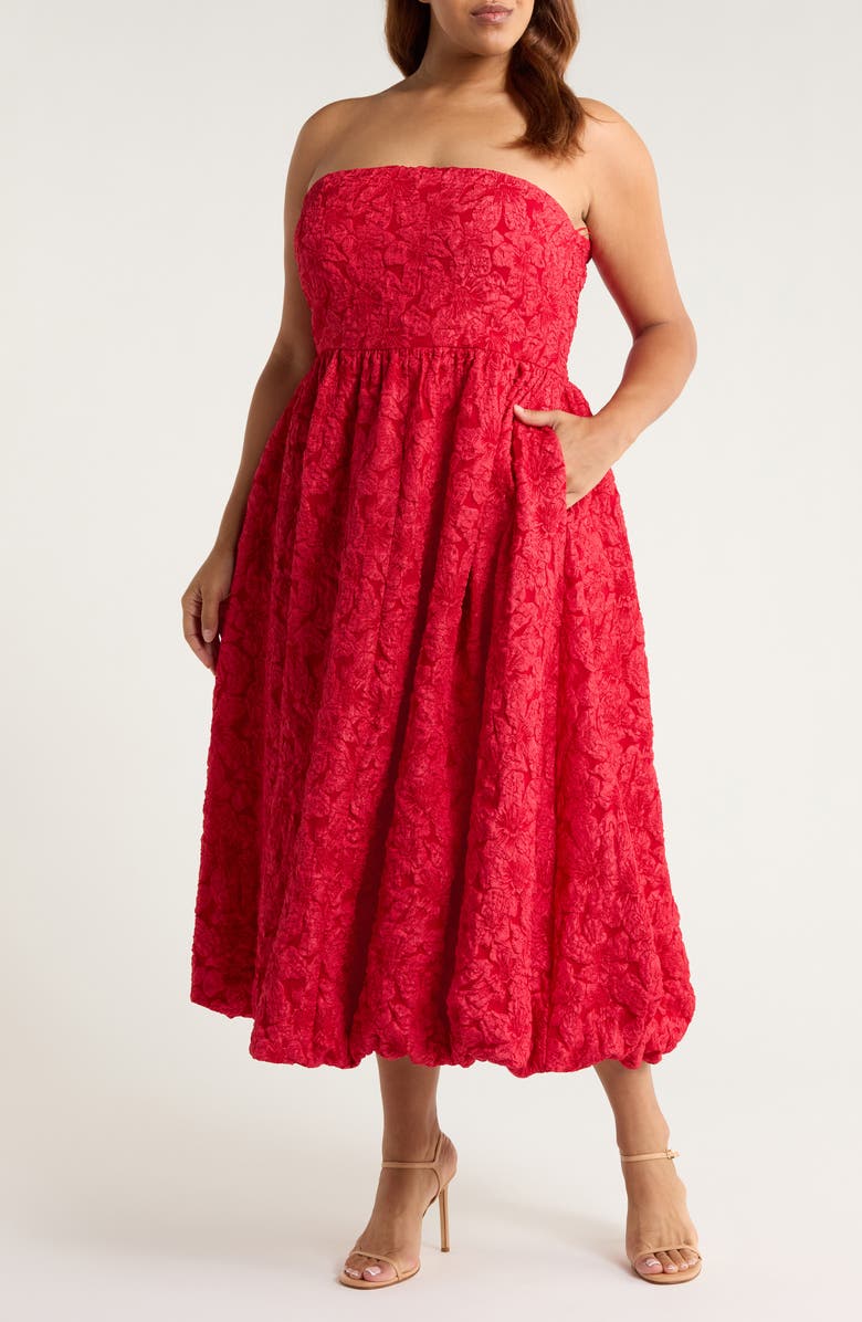 SUGARLIPS Arielle Floral Jacquard Strapless Maxi Dress, Main, color, Burgundy