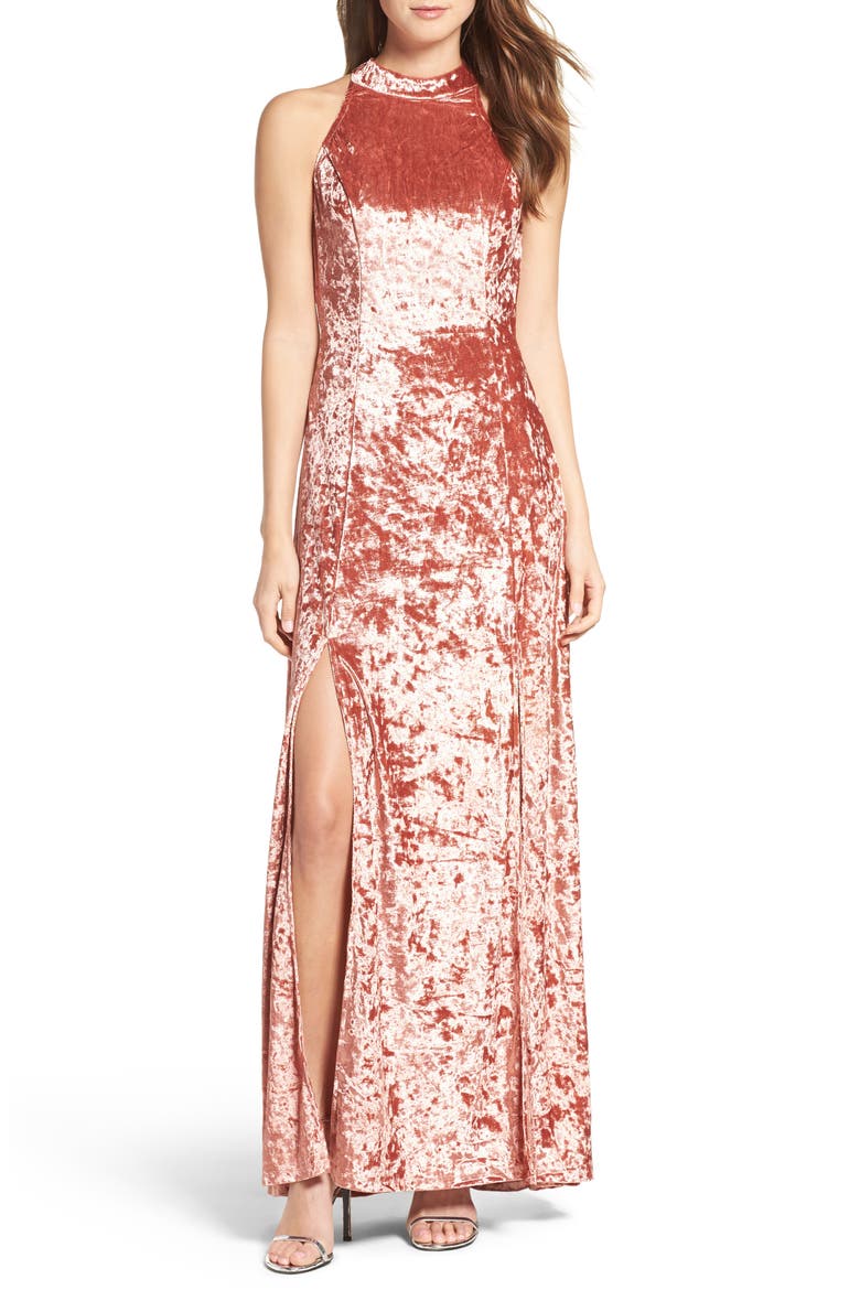 Strappy Back Crushed Velvet Gown, Main, color, ROSE GOLD