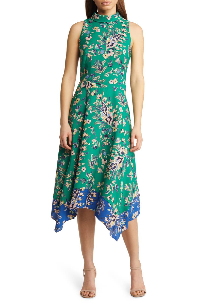 Vince Camuto Printed Handkerchief Hem Midi Dress, Main, color,