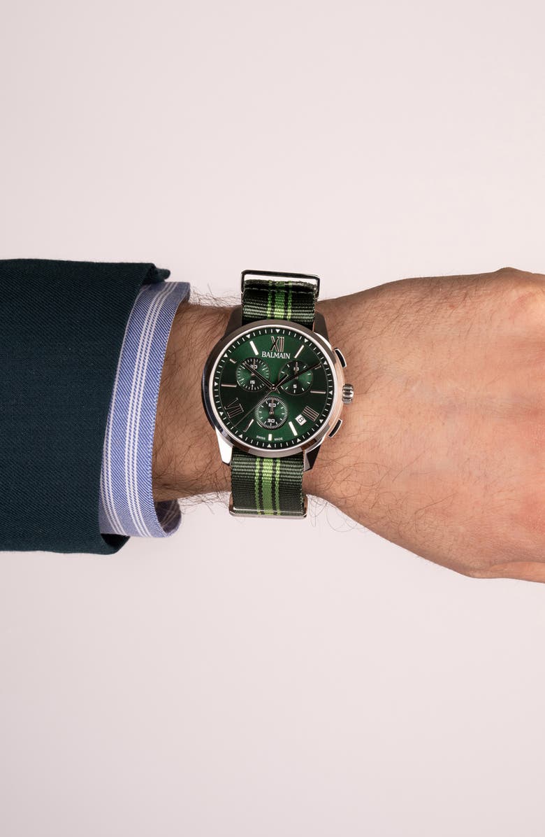 BALMAIN WATCHES Madrigal Chronograph Fabric Strap Watch, 42mm, Alternate, color, Green Nato