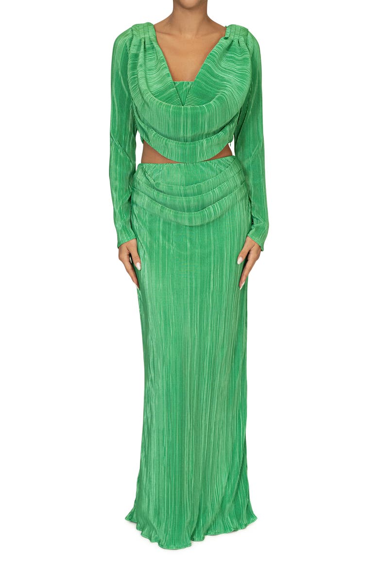 Haidyn Plissé Long Sleeve Crop Top & Maxi Skirt Set, Main, color, GREEN