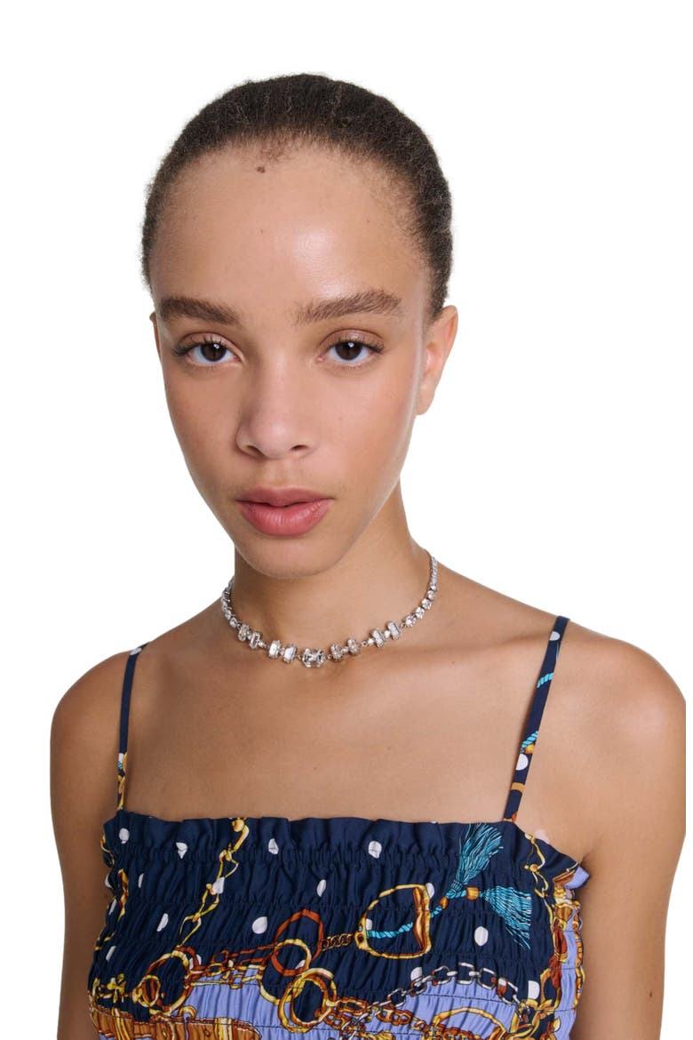 Printed smocked crop top, Alternate, color, Chain scarf print blue