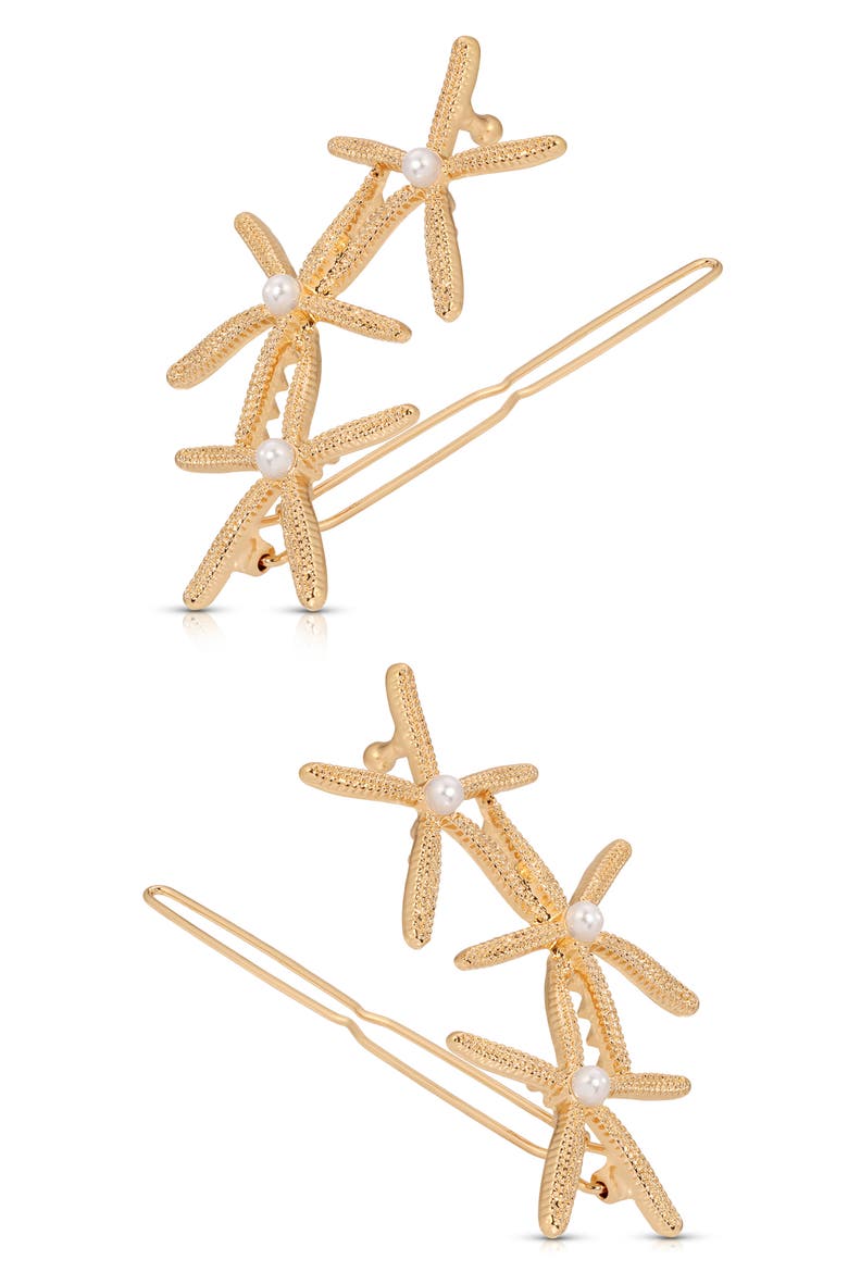 Triple Starfish Set of 2 Barrettes, Alternate, color, GOLD