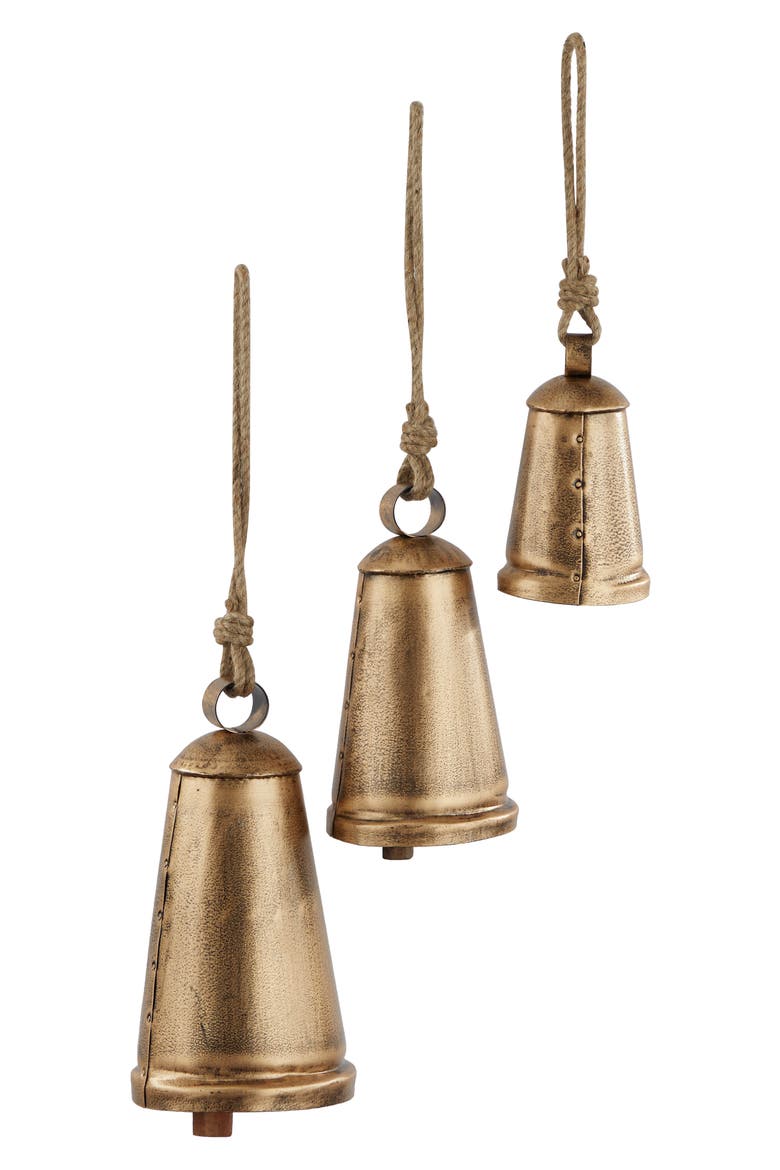 Bronze Metal Indoor Outdoor Meditation Decorative Cow Bell with Jute Hanging Rope - Set of 3, Alternate, color, BRONZE