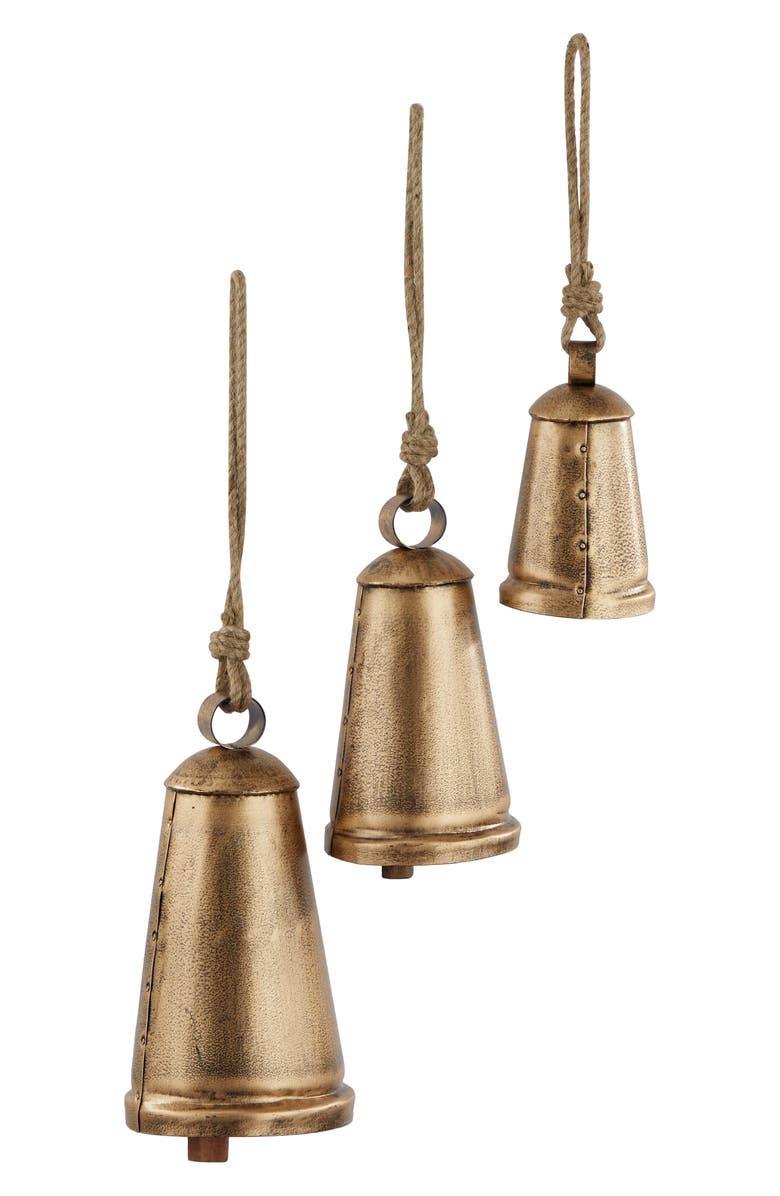 GINGER BIRCH STUDIO Bronze Metal Indoor Outdoor Meditation Decorative Cow Bell with Jute Hanging Rope - Set of 3, Alternate, color, Bronze