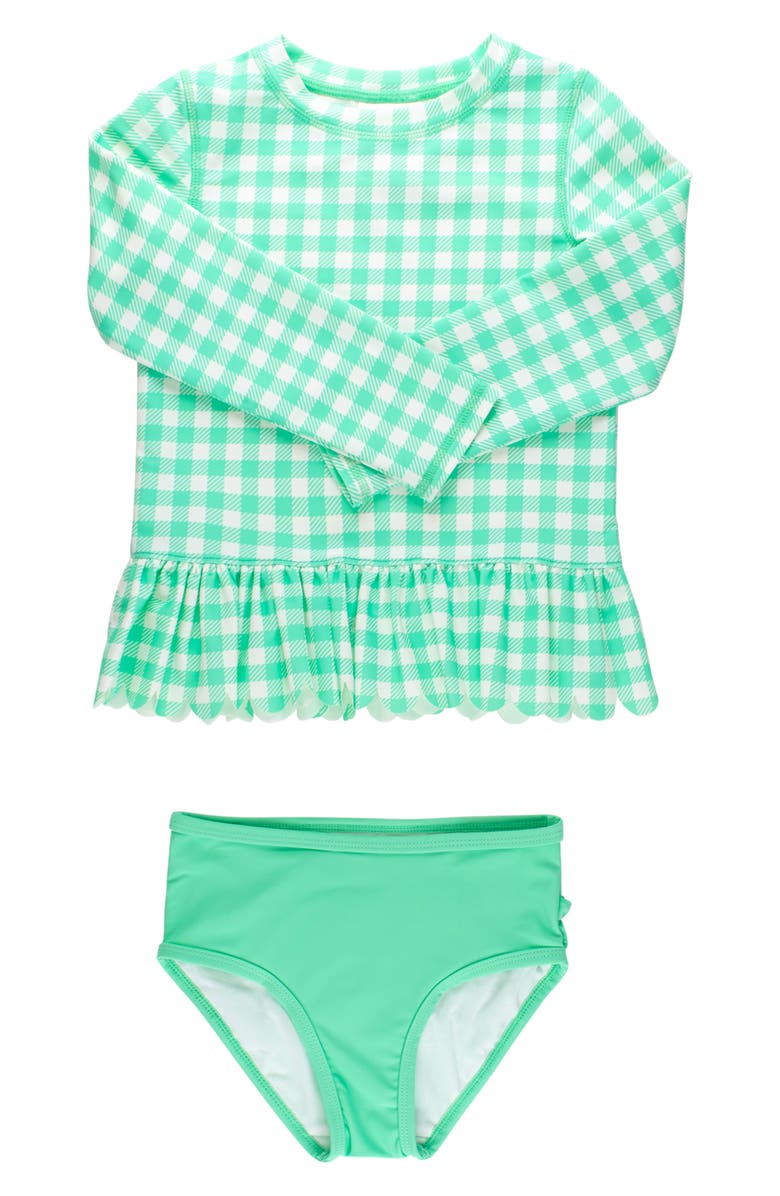 RuffleButts Kids' Gingham Long Sleeve Skirted UPF 50+ Rashguard, Main, color, Green