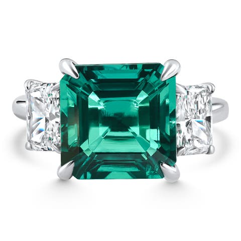 8Ct Asscher Cut Emerald & Diamond Ring 14k Gold or Platinum Lab Grown