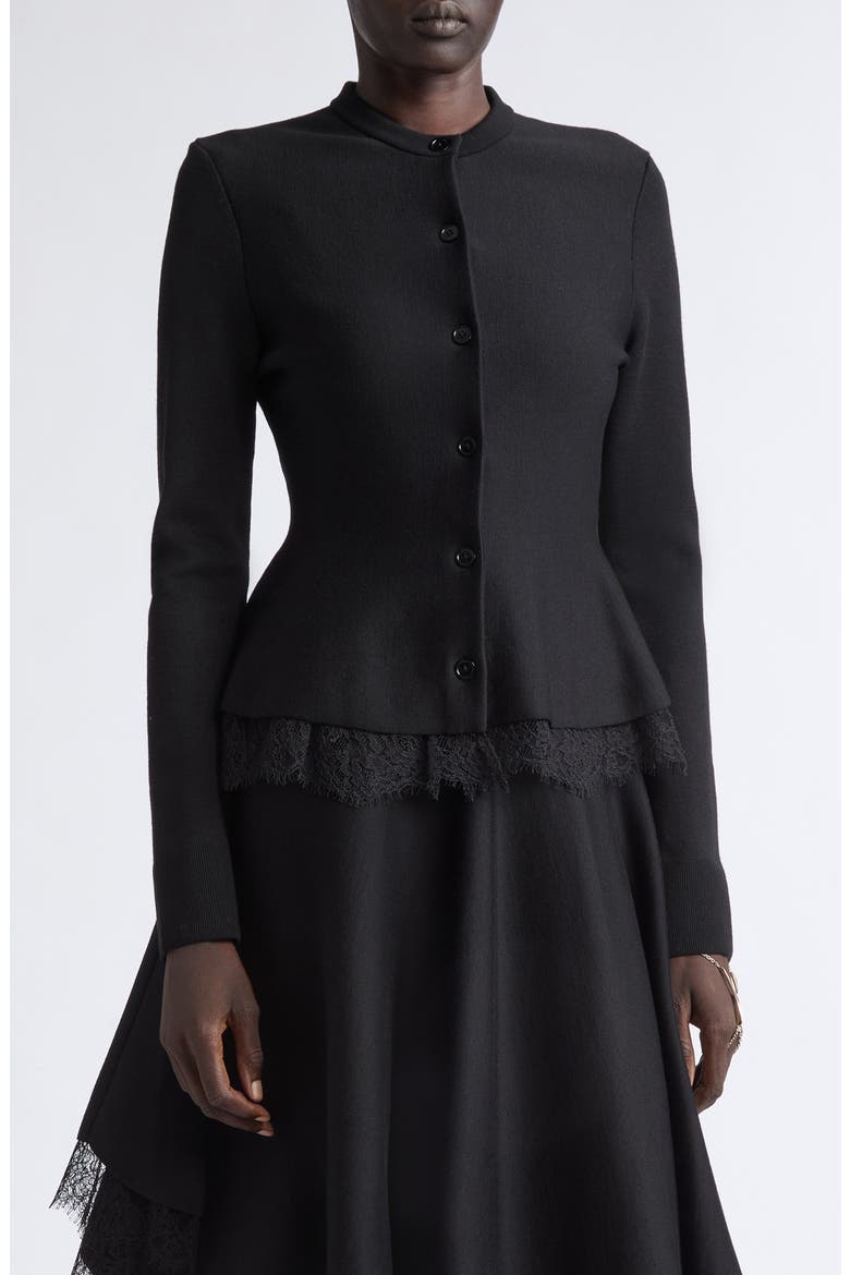 Lace Trim Peplum Cardigan, Main, color, BLACK