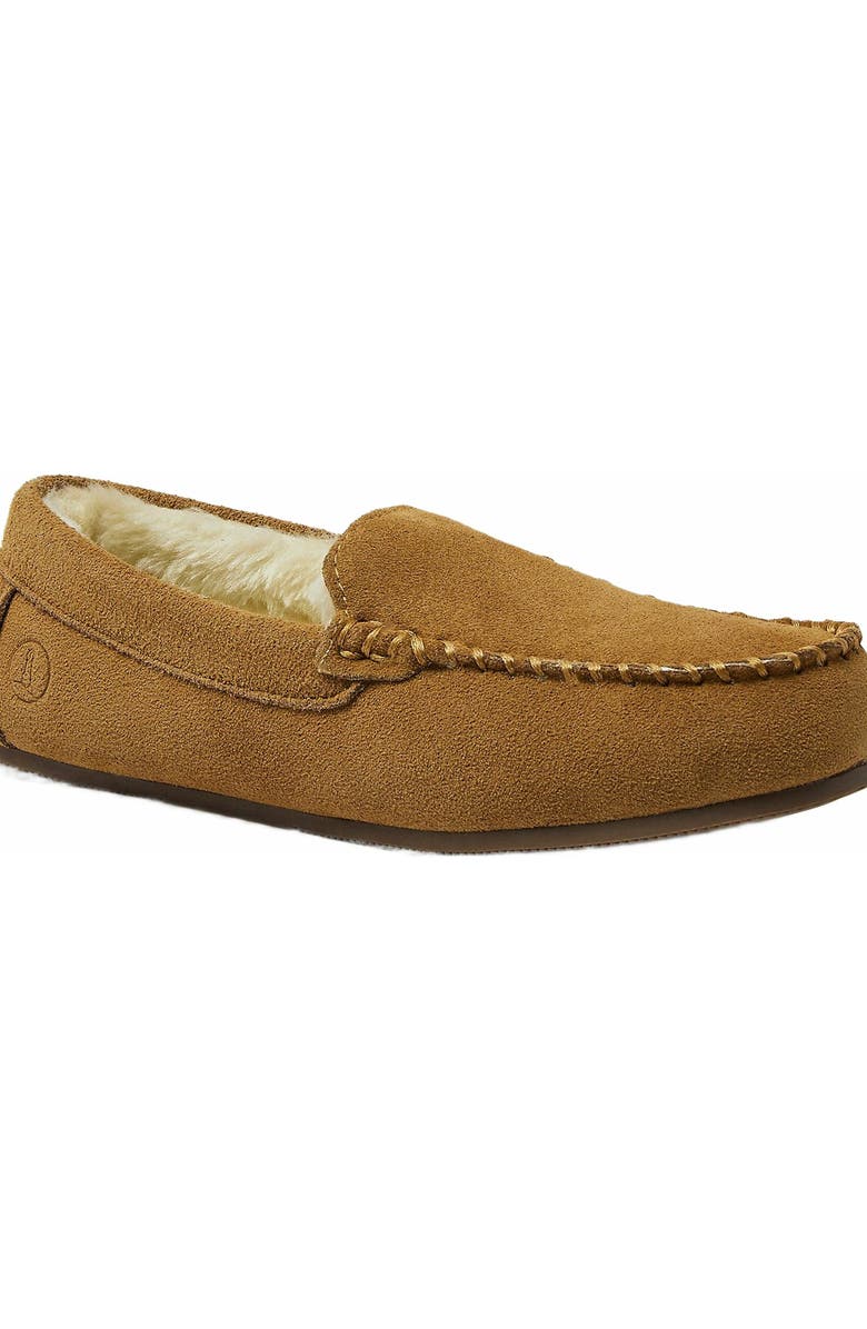 Lands' End Fuzzy Lined Suede Moccasin Slippers, Alternate, color, English Tan Suede