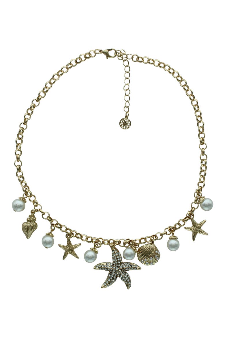 Crystal & Faux Pearl Starfish Charm Necklace, Main, color, GOLD / WHITE