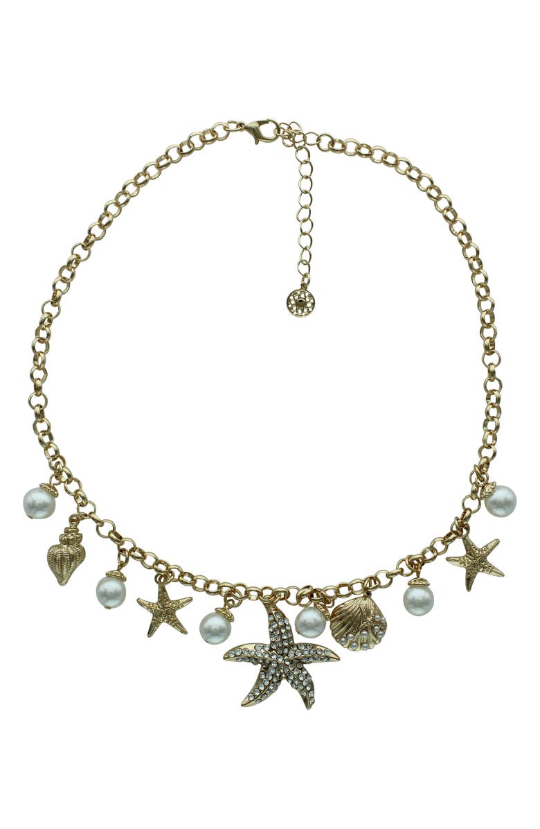 OLIVIA WELLES Crystal & Faux Pearl Starfish Charm Necklace, Main, color, Gold / White