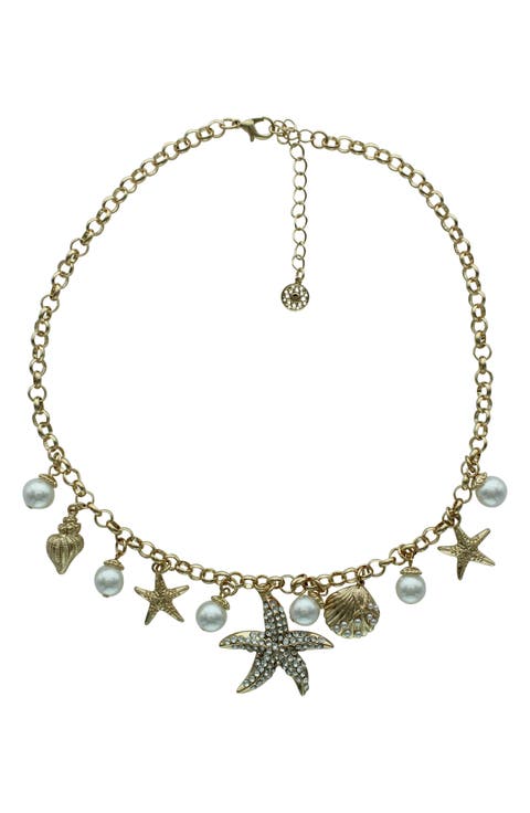 Crystal & Faux Pearl Starfish Charm Necklace