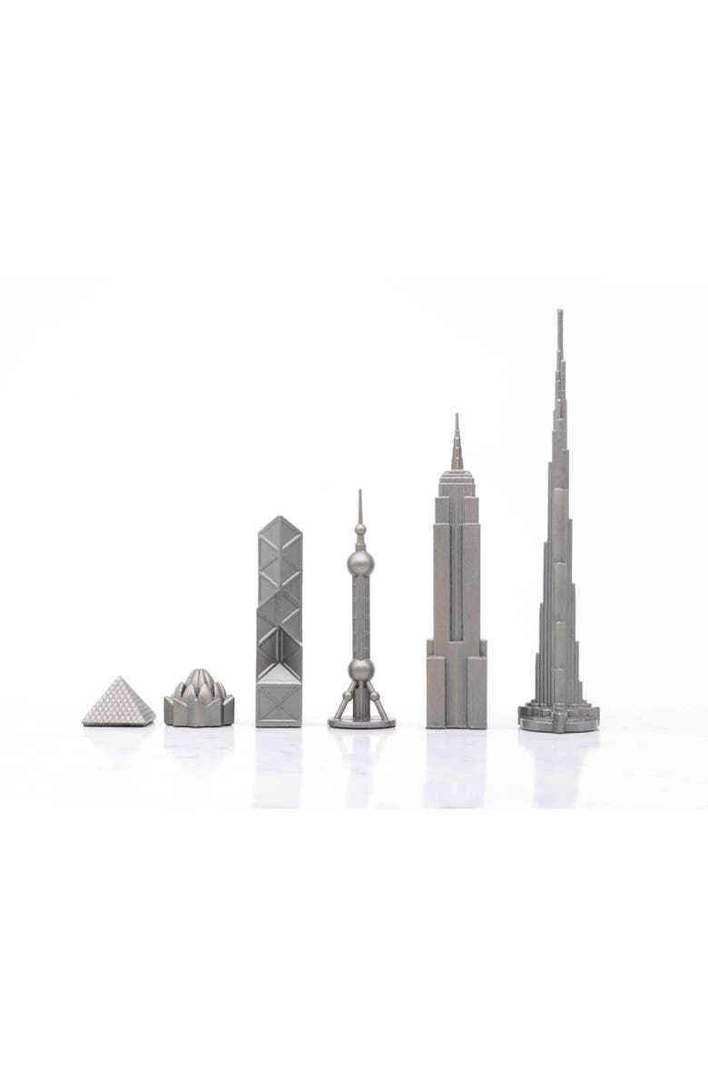 SKYLINE CHESS Chess Set Stainless Steel WORLD ICONS with Wood Grid Board, Alternate, color, Black