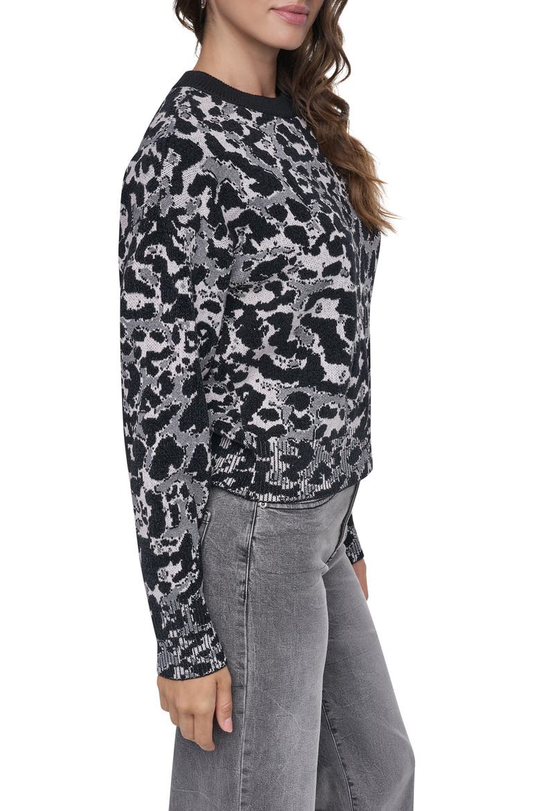 Leopard Jacquard Crewneck Sweater, Alternate, color, FEATHER HEATHER/BLACK