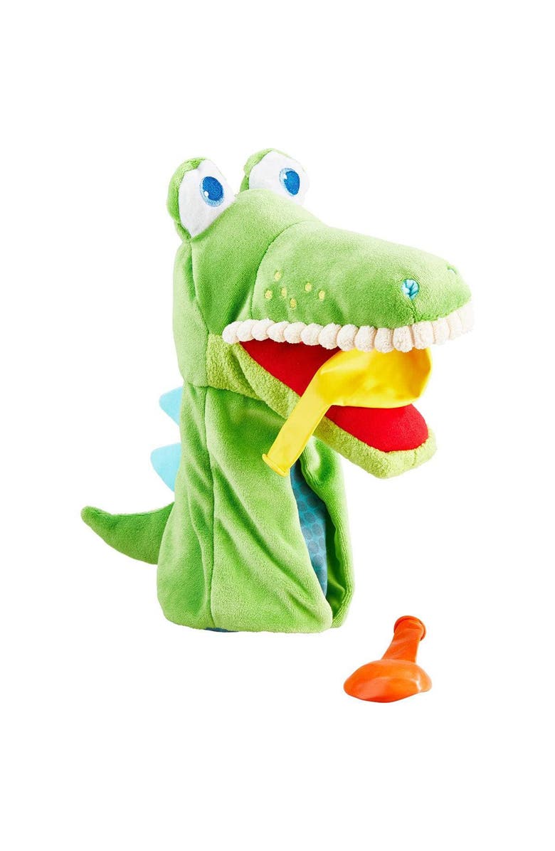 HABA Hand Puppet - Eat it Up Croco Interactive Puppet Show Toy with Belly Bag for Storytelling, Speech Therapy Toys and Pretend Play for 18 mo+, Main, color, Green Multi