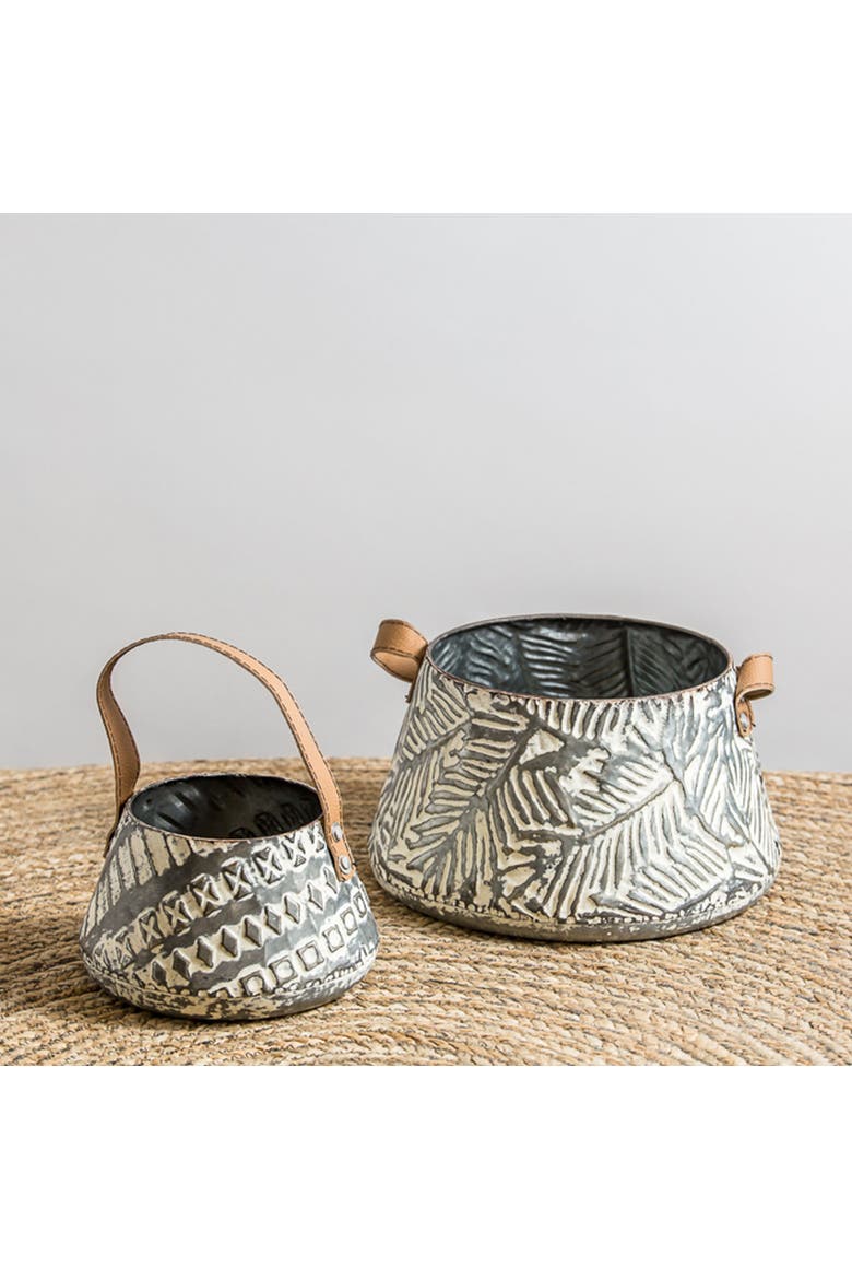 Set of 2 Rustic Whitewashed Pattern Galvanized Metal Decorative Storage Baskets, Alternate, color, Silver