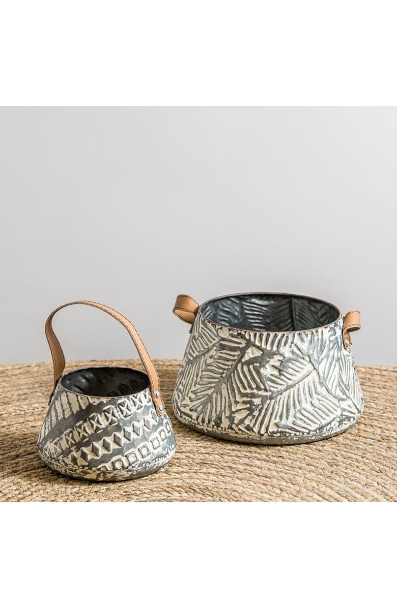 Foreside Home and Garden Set of 2 Rustic Whitewashed Pattern Galvanized Metal Decorative Storage Baskets, Alternate, color, Silver