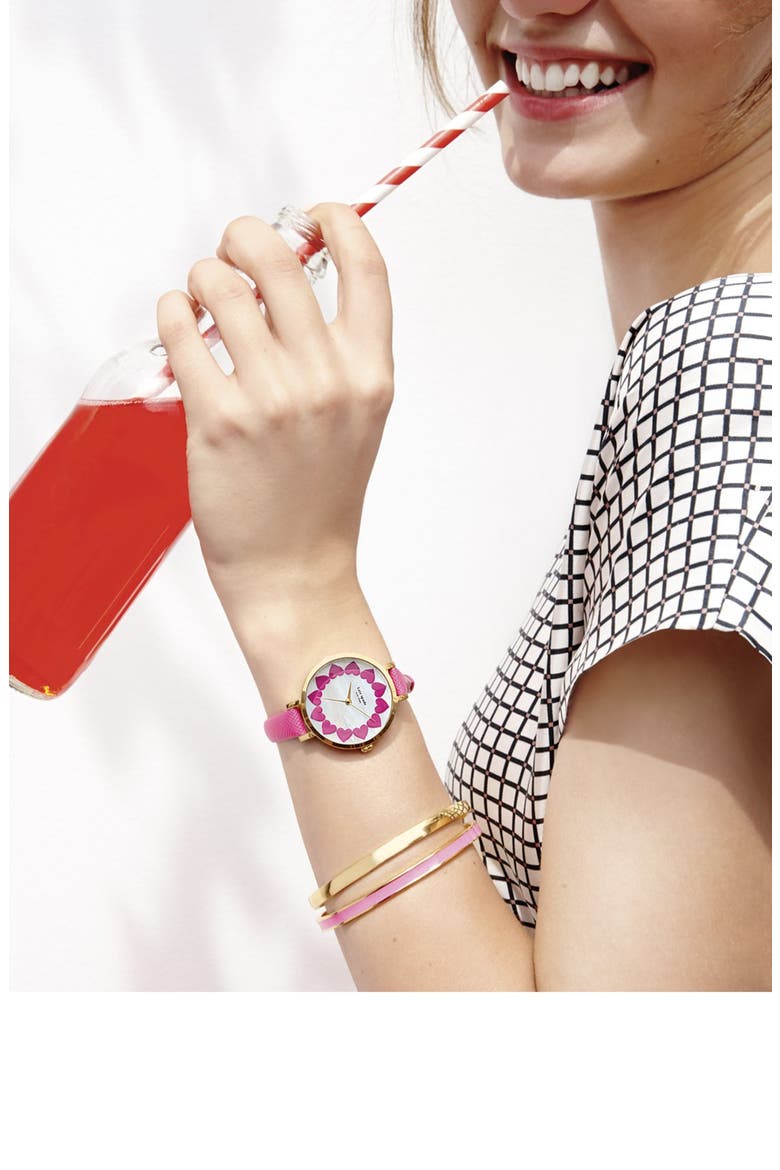 'metro' heart dial leather strap watch, 34mm, Alternate, color, PINK/ GOLD